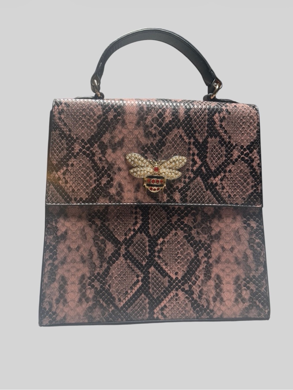 Structured Top-Handle Satchel in Pink Snake-Print with Bee Accent